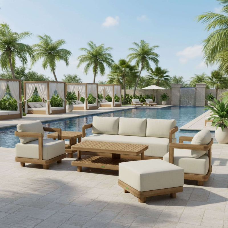 Anderson Teak 6-piece Granada deep seating outdoor sofa set in 9 designer colors, featuring plush cushions and teak frame.