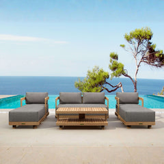 Six-piece Anderson Teak Granada deep seating outdoor sofa set with teak wood frames and plush cushions for garden lounge.