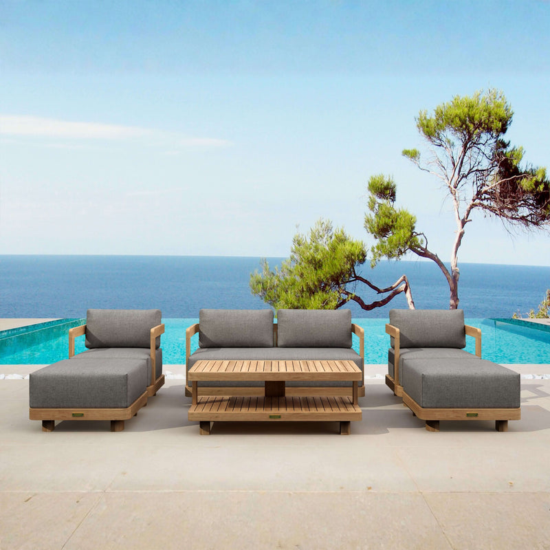 Six-piece Anderson Teak Granada deep seating outdoor sofa set with teak wood frames and plush cushions for garden lounge.