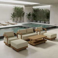 Six-piece Anderson Teak Granada deep seating outdoor sofa set with cushioned teak frames for garden lounge relaxation.