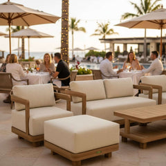 Six-piece Granada deep seating outdoor sofa set by Anderson Teak, featuring teak wood construction for garden lounge comfort.