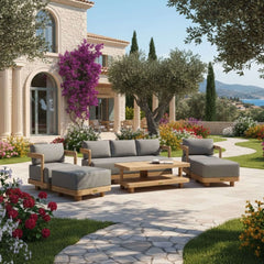 Anderson Teak SET-904 5-piece Granada deep seating outdoor patio sofa set with teak finish, perfect for garden lounge and outdoor entertaining.