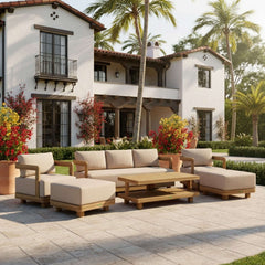 Anderson Teak 5-piece Granada deep seating outdoor patio sofa set with teak frames and plush cushions for garden lounge.