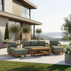 Anderson Teak Granada deep seating outdoor sofa set with teak wood frame and plush cushions for garden lounge comfort.