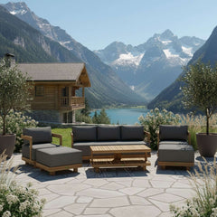 Outdoor teak sofa set with deep seating and cushions, part of Anderson Teak's 5-piece Granada outdoor patio lounge set.