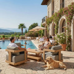 Anderson Teak SET-905 5-piece Granada deep seating outdoor sofa set with teak frames and plush cushions for garden lounge.