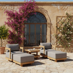 Anderson Teak SET-905 5-piece Granada deep seating outdoor sofa set with swivel chairs and ottomans in teak finish.