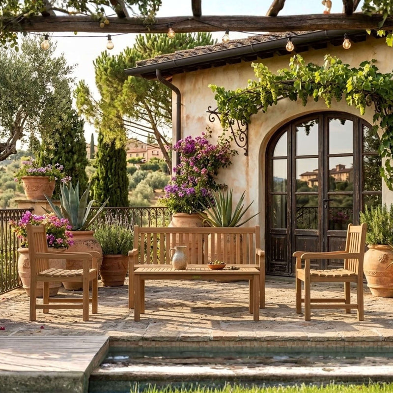 Outdoor Anderson Teak bench from the Conversation Set-06 with a sleek design, available in 9 designer colors for garden lounging.