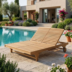 Anderson Teak BEL-AIR double sun lounger in teak wood with cushions, outdoor patio design, available in 9 designer colors.