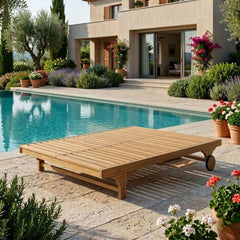 Anderson Teak Bel-Air double sun lounger made of teak wood with 9 designer color options, ideal for luxury outdoor garden lounging.