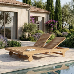 Anderson Teak BEL-AIR double sun lounger in teak wood with cushions, designed for outdoor garden lounging in a stylish, modern design.