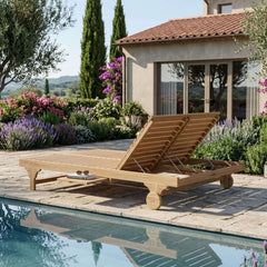 Anderson Teak Bel-Air Double Sun Lounger in teak wood with beige cushions, outdoor patio sunbed, luxury garden lounge, 9 color options
