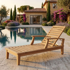 Anderson Teak Brianna Sun Lounger in A-grade teak wood with a sleek design, available in nine designer colors for outdoor patio relaxation.