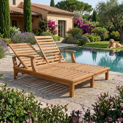 Anderson Teak Brianna double sun lounger made of A-grade teak wood with a sleek design, available in nine designer colors.