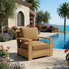 Anderson Teak teak wood accent armchair with deep seating, outdoor design, available in 9 designer colors for patio and garden.