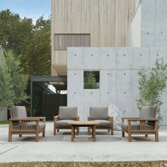 Southbay Teak Wood outdoor sofa set with deep seating in cast slate finish by Anderson Teak, featuring five pieces for outdoor lounging.