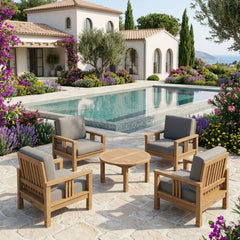 Anderson Teak Southbay teak wood outdoor sofa set with deep seating and cast slate cushions, 5-piece patio furniture ensemble.
