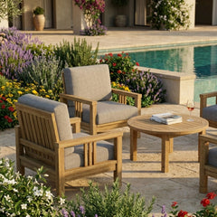 Southbay Teak Wood Deep Seating 5-piece outdoor sofa set by Anderson Teak with cast slate finish, featuring plush cushions and sturdy teak frames.