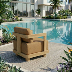 Anderson Teak Granada deep seating armchair with luxurious outdoor cushions in a designer color, suitable for patio and garden.