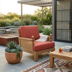 Anderson Teak Luxe Teak Wood Deep Seating Accent Chair with plush cushions, outdoor patio and garden use in natural teak finish.