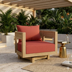 Anderson Teak Coronado A-Grade Teak Wood Swivel Armchair with deep seating, shown in a natural outdoor patio setting.