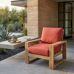 Anderson Teak Capistrano deep seating armchair, outdoor patio accent chair in a designer color, with plush cushions and teak frame