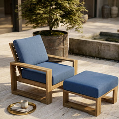 Anderson Teak Capistrano deep seating set with one armchair and table in designer colors for outdoor garden lounge.