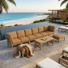 Outdoor Anderson Teak SET-140 NATSEPA modular deep seating outdoor sofa with colorful cushions, garden lounge setup.