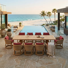 Outdoor sofa from Anderson Teak's 11-piece Catania luxury teak dining set in designer colors, ideal for patio outdoor seating.
