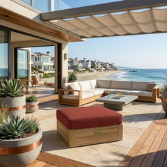 Anderson Teak Copacabana ottoman in teak wood, outdoor footstool with 9 designer color options, ideal for patio lounging.