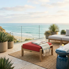 Luxury outdoor Anderson Teak ottoman in natural teak wood, designed for patios, with options in 9 designer colors.