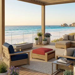 Luxury Anderson Teak Madera Ottoman outdoor footstool in natural teak with a sleek design, available in nine designer colors for patio use.