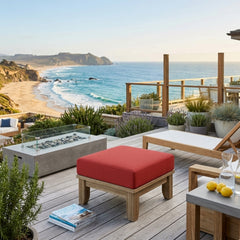 Luxury outdoor Riviera ottoman by Anderson Teak, a teak footstool with lush design, available in nine designer colors for patio decor.