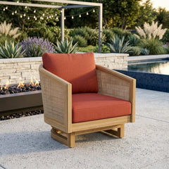 Anderson Teak Catania swivel chair with teak wood frame, deep outdoor seating, available in 9 designer colors for patio and garden.