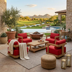 Anderson Teak SET-905 5-piece Granada deep seating outdoor patio sofa set with teak frames and cushions for garden lounge.