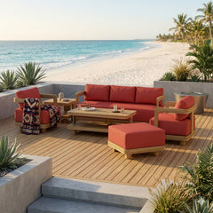 Six-piece Anderson Teak Granada deep seating outdoor sofa set with teak finish, perfect for garden lounge and patio relaxation.