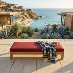Riviera 72-inch outdoor daybed by Anderson Teak with teak wood frame, plush cushions, and colorful outdoor lounge setting.