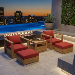 Anderson Teak Copacabana teak wood outdoor deep seating set with 2 armchairs and 2 ottomans in designer colors.