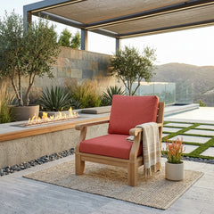 Riviera modular teak wood armchair by Anderson Teak, outdoor deep seating for patio or garden in vibrant designer colors.
