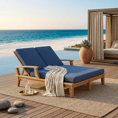 Anderson Teak Brianna double sun lounger in A-grade teak wood with designer color options, ideal for outdoor garden lounging.