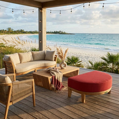 Anderson Teak Coronado Ottoman in natural teak wood, outdoor patio footstool with a sleek design and available in nine designer colors.
