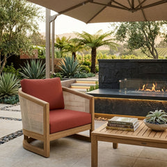 Anderson Teak Catania deep seating armchair in natural wood finish, outdoor patio accent chair with plush cushions and designer color options