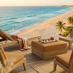 Anderson Teak COPACABANA outdoor teak ottoman in natural wood finish, designed for patio, with a sleek, modern style.