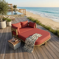 Outdoor patio daybed by Anderson Teak with a sleek design, featuring plush cushions and available in nine designer colors.