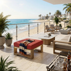 Anderson Teak Capistrano deep seating ottoman in natural teak finish, outdoor patio footstool with designer color options.