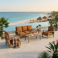 Outdoor patio sofa from Anderson Teak, Brianna Deep Seating conversational set with cushions in designer colors.