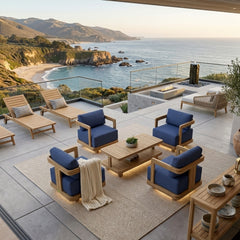 Anderson Teak 5-piece Granada deep seating outdoor sofa set with teak swivel chairs for garden lounge.