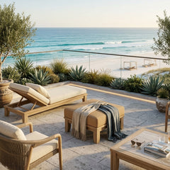Luxury outdoor Anderson Teak ottoman with cushion, featuring sleek design and available in 9 designer colors.