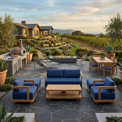 Six-piece Granada deep seating outdoor sofa set by Anderson Teak, featuring teak frames and plush cushions for garden lounge.