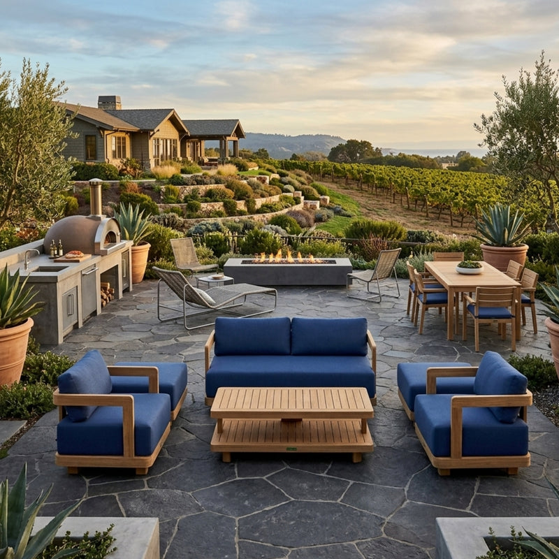 Six-piece Granada deep seating outdoor sofa set by Anderson Teak, featuring teak frames and plush cushions for garden lounge.